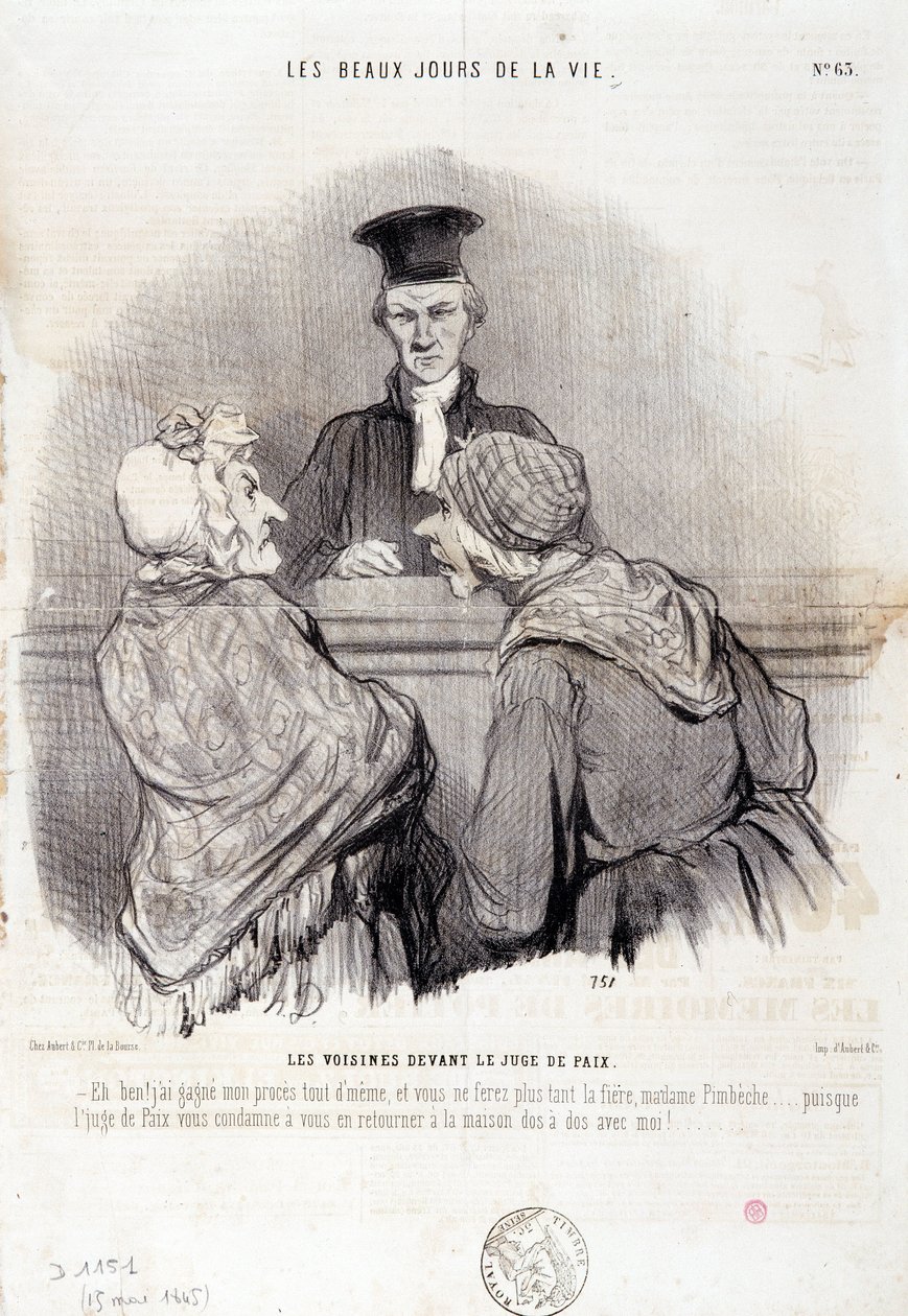 Karikatur über Nachbarschaftsbeziehungen. Serie „Die schönen Tage des Lebens“: „Nachbarn vor dem Friedensrichter...“ von Honoré Daumier