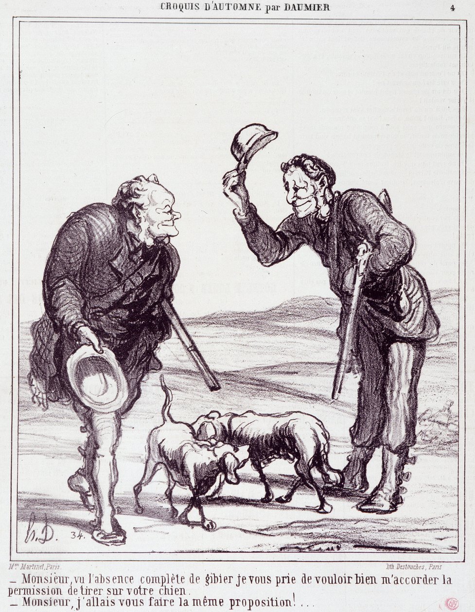 Karikatur über Jäger: Serie „Herbstskizze“: „Sir, angesichts des völligen Fehlens von Wild, bitte gewähren Sie mir die Erlaubnis, Ihren Hund zu erschießen...“ von Honoré Daumier