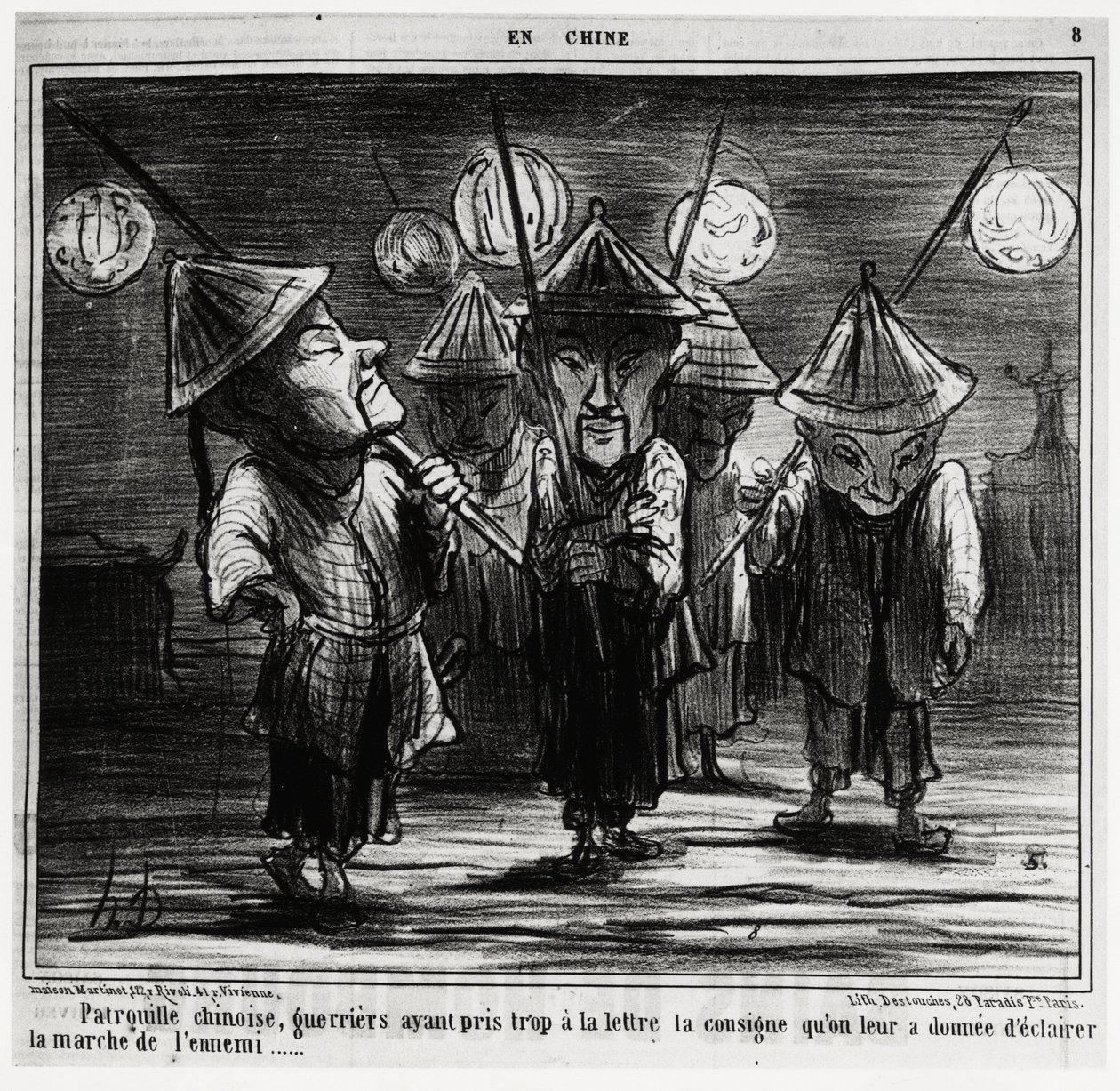 Chinesische Patrouille, Krieger, die die ihnen gegebenen Anweisungen zu wörtlich genommen haben, um den Marsch des Feindes zu beleuchten. In der Serie En Chine, Illustration von Honore Daumier (1808-1879), veröffentlicht in „Charivari“, datiert 25. Januar von Honoré Daumier