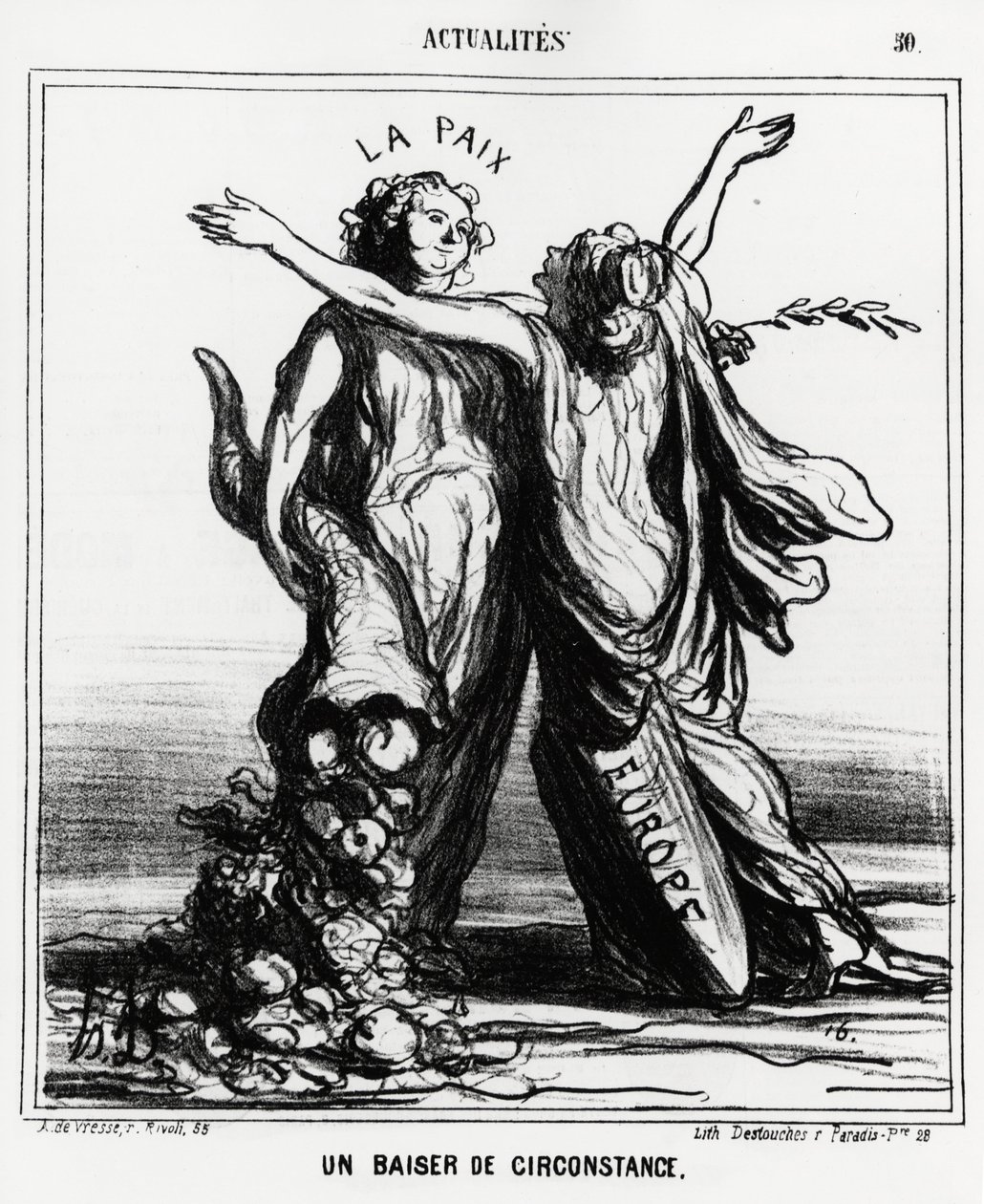 Europa und Frieden: ein besonderer Kuss. Illustration von Honoré Daumier (1808-1879), veröffentlicht in den Nachrichten, Charivari, datiert 1. April von Honoré Daumier