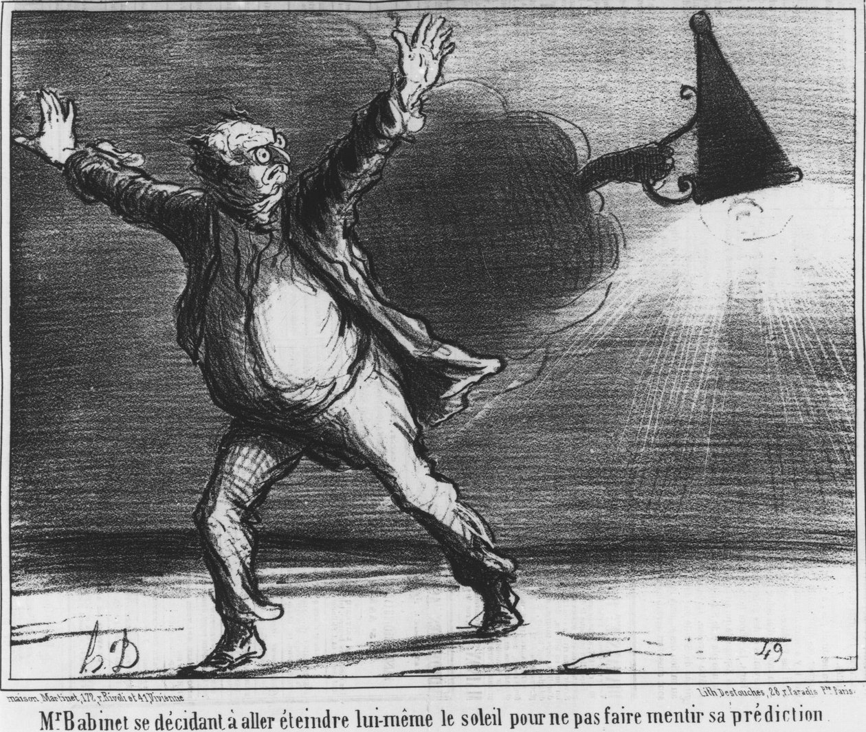 Monsieur Babient beschloss, die Sonne selbst auszuschalten, um seine Vorhersage nicht zu widerlegen, Karikatur über den Kometen von 1857 von Honoré Daumier (1808-1879) von Honoré Daumier