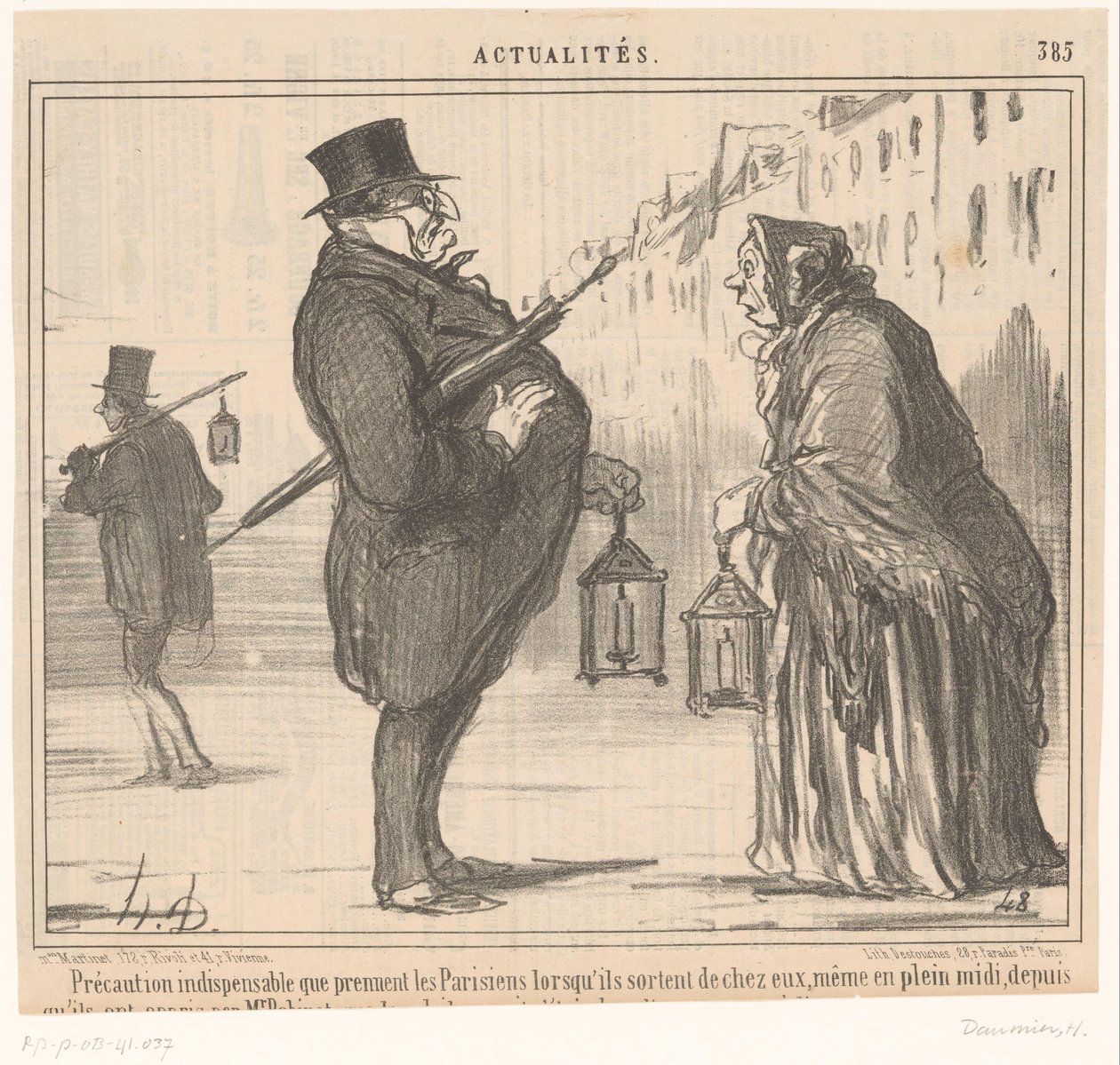 Monsieur Prudhomme und eine alte Frau mit Laterne und Regenschirm von Honoré Daumier