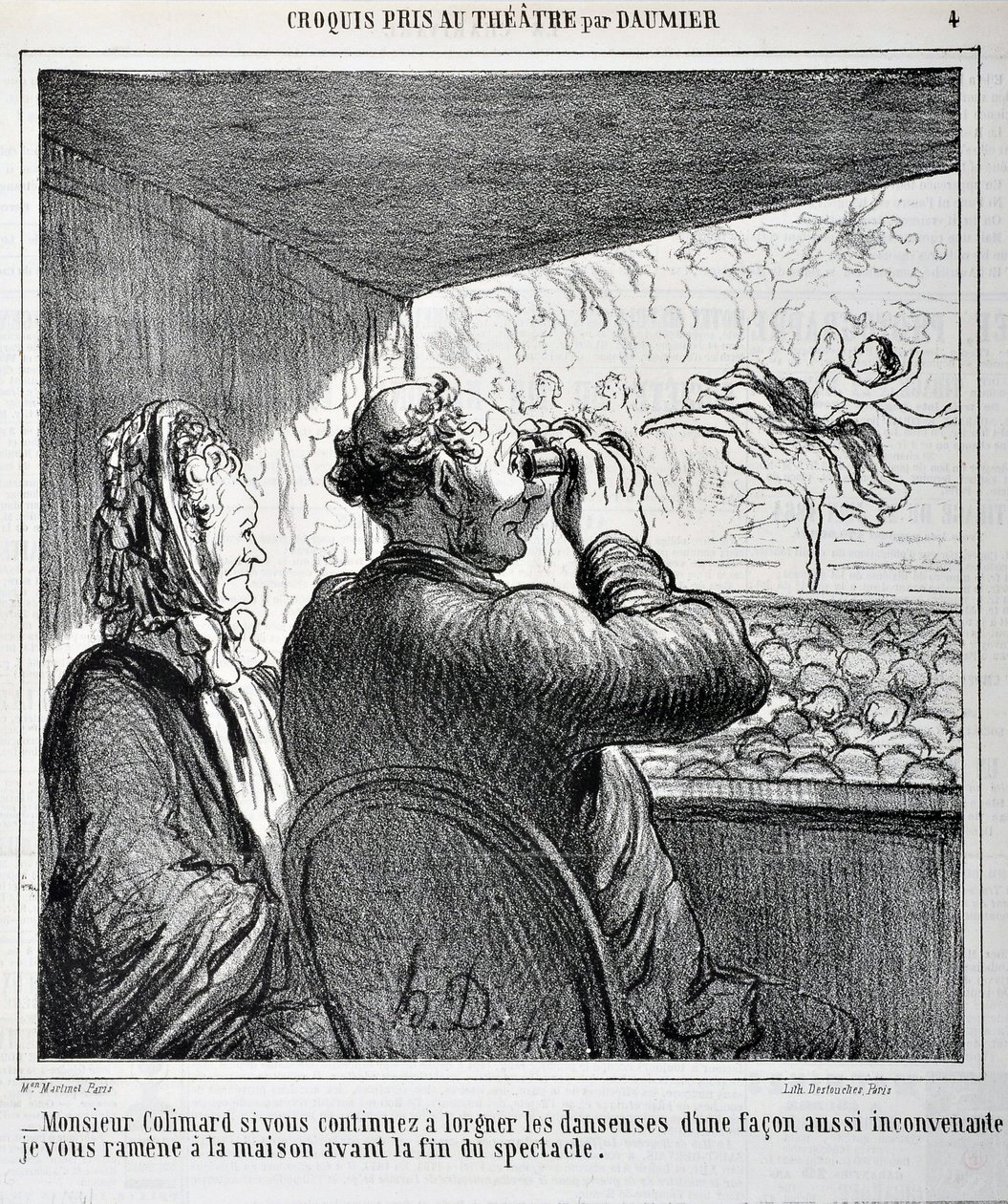 Herr Colimard, wenn Sie die Tänzerinnen weiterhin auf so unangemessene Weise betrachten, werde ich Sie vor dem Ende der Vorstellung nach Hause bringen. Gravur von Honore Daumier in Le Charivari. Palais Longchamp, Musee des Beaux Arts de Marseille von Honoré Daumier