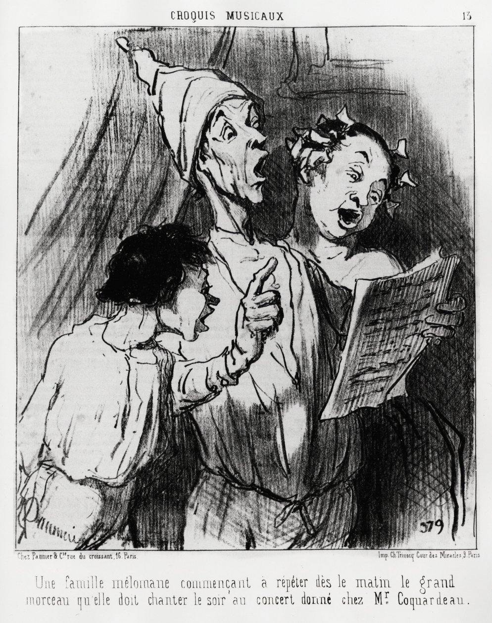 Musikalische Skizzen: eine melomanische Familie beginnt am Morgen das große Lied zu wiederholen, das sie am Abend beim Konzert für Herrn Coquardeau singen mussten. Illustration von Honore Daumier (1808-1879), veröffentlicht in „Charivari“, datiert 3. März von Honoré Daumier