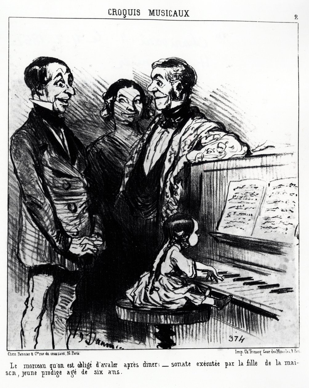 Musikalische Skizzen: das Lied, das man nach dem Abendessen schlucken muss: Sonate, ausgeführt von der Tochter des Hauses, einem jungen Wunderkind im Alter von sechs Jahren. Illustration von Honore Daumier (1808-1879), veröffentlicht in „Charivari“, datier von Honoré Daumier