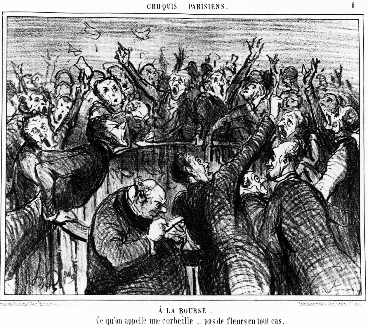 Auf der Börse, was man einen Korb nennt, keine Blumen auf jeden Fall: Serie von Karikaturen über die Börse von Honore Daumier (1808-1879). „Charivari“ von Honoré Daumier