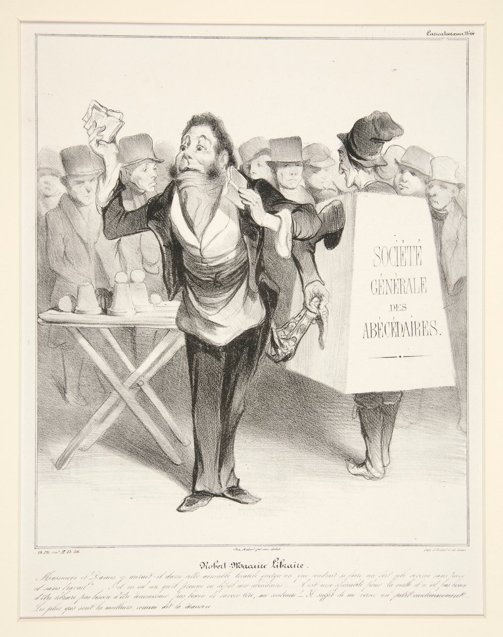 Robert-Macaire Buchhändler, pl. 14 aus der Serie Caricaturana im Album Les Robert Macaires von Honoré Daumier