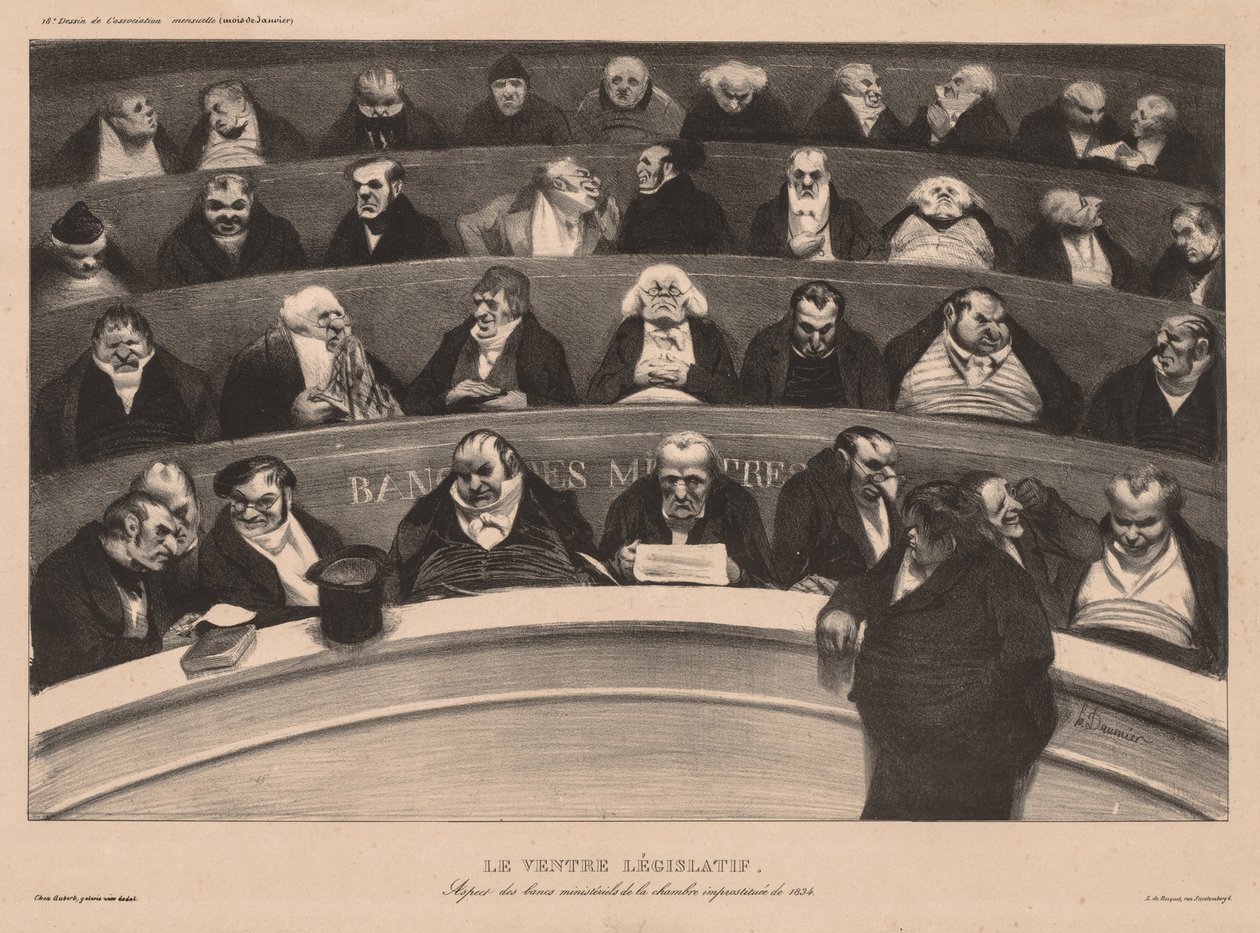 Die monatliche Assoziationsplatte 18: Der gesetzgebende Bauch, 1834 von Honoré Daumier