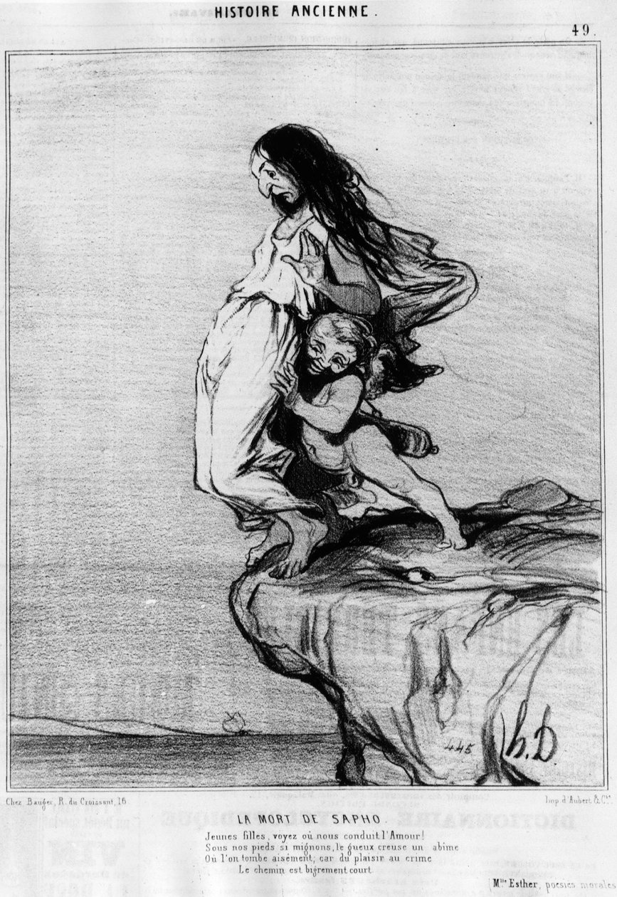 Der Tod von Sapho (Sappho). „Junge Dame, sieh oder führe uns die Liebe! Unter unseren Füßen so süß, gräbt der Gueux einen Abgrund, in den wir leicht fallen; denn vom Vergnügen zum Verbrechen ist der Weg sehr kurz.“ Serie „Histoire ancienne“, Karikatur von  von Honoré Daumier