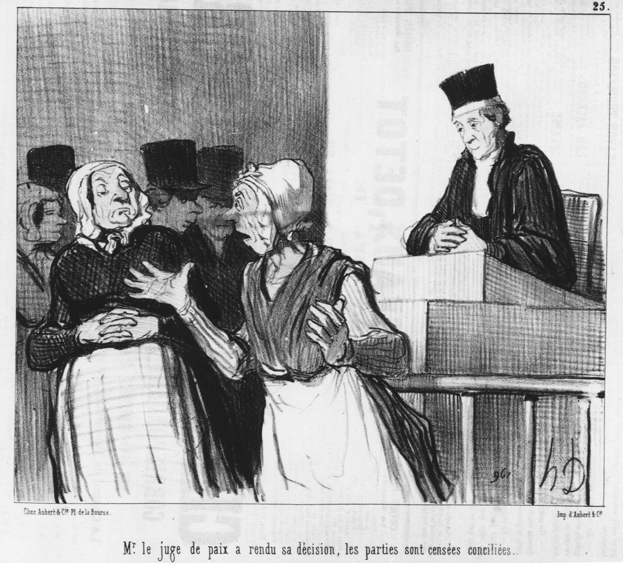 Der Friedensrichter hat seine Entscheidung getroffen, die Parteien sollen versöhnt sein..., Karikatur von Honore Daumier (1808-1879). „Charivari“ von Honoré Daumier