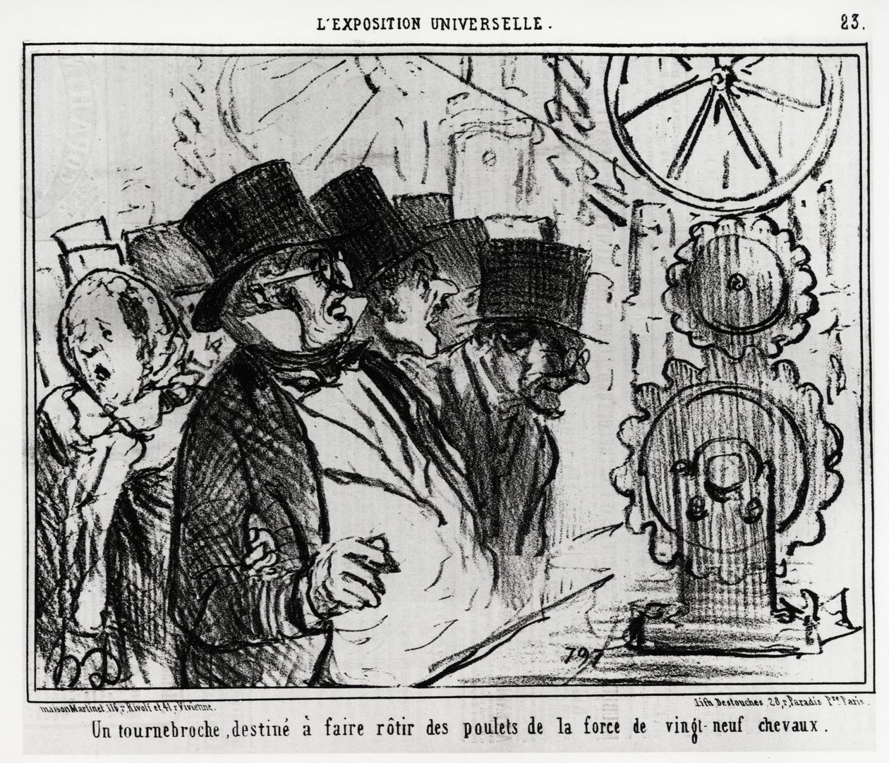 Weltausstellung: ein Plattenspieler, entworfen, um Hühner mit der Kraft von neunundzwanzig Pferden zu braten. Illustration von Honore Daumier (1808-1879), veröffentlicht in den Nachrichten, „Charivari“, datiert 20. Juli 1855 von Honoré Daumier