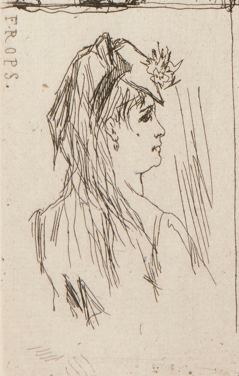 a. Kopf eines alten Mannes von Daumier (oben links); b. Chez Charles Beriot von Taiee (oben Mitte); c. Kopf einer jungen Frau von Rops (oben rechts); d. Flusslandschaft von Harpignies (unten Mitte); e. Profil einer jungen Frau von Honoré Daumier