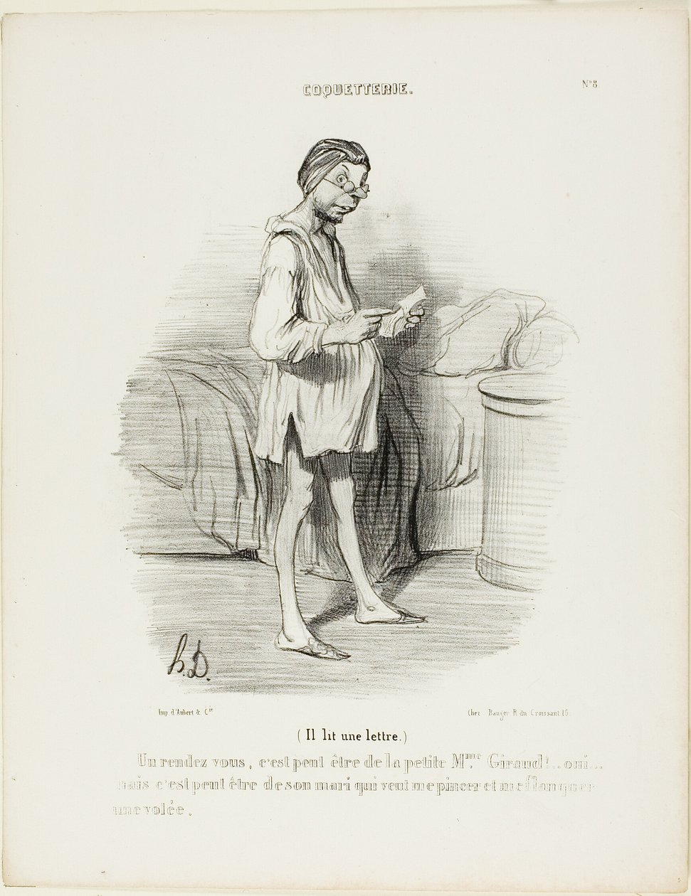 (Er liest einen Brief) „Ein Rendezvous, könnte es von der süßen Mme Giraud sein?? Ja, aber es könnte auch von ihrem Ehemann kommen, der mich kneifen will…“, Platte 8 aus Coquetterie von Honoré Victorin Daumier