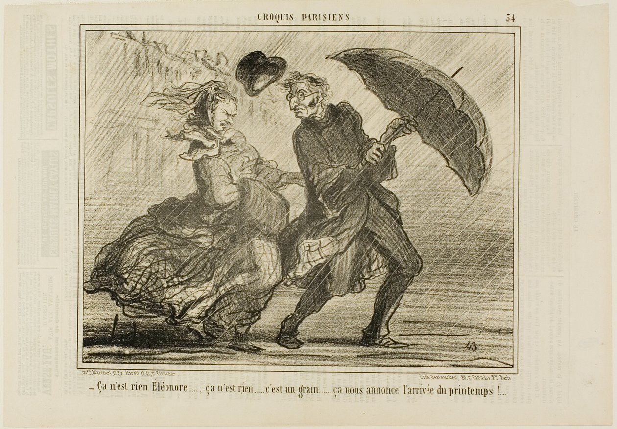 „- Keine Sorge, Eleonore... es ist nichts, es ist nur ein kleiner Wind, der die Ankunft des Frühlings ankündigt,“ Platte 34 aus Croquis Parisiens von Honoré Victorin Daumier