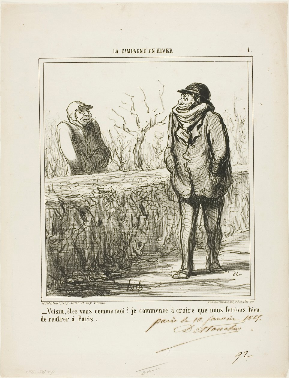 „- Hallo, Nachbar, bist du wie ich? Ich beginne zu glauben, wir würden gut daran tun, nach Paris zurückzukehren,“ Tafel 1 aus La Campagne En Hiver von Honoré Victorin Daumier