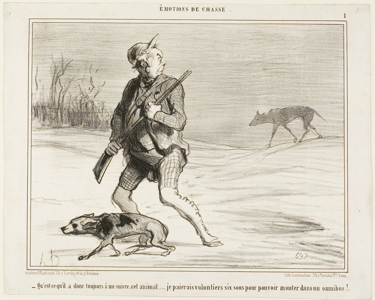 "- Ich frage mich, warum dieses Biest mir die ganze Zeit folgt... Ich zahle gerne 6 Sous, um in einen Bus zu steigen," Tafel 1 aus Émotions De Chasse von Honoré Victorin Daumier