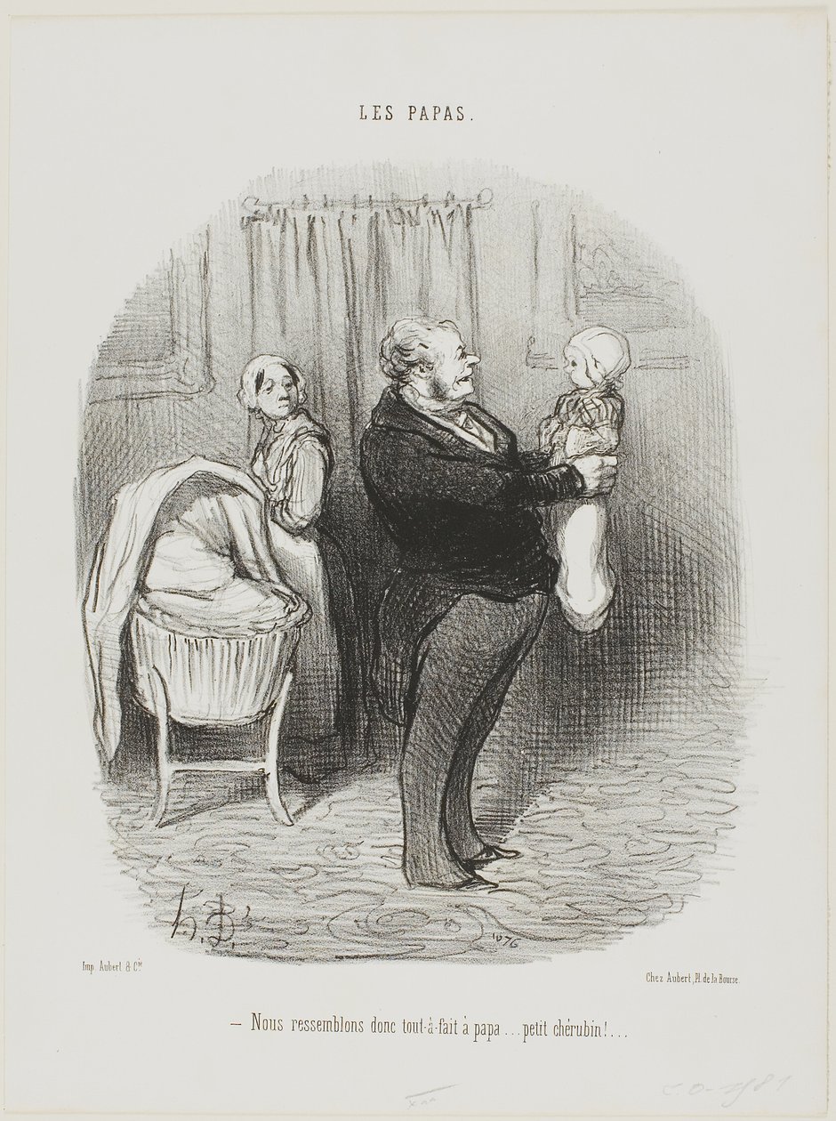 „- Wir sehen wirklich aus wie Papa, nicht wahr... kleiner Cherub!,“ Platte 14 aus Les Papas von Honoré Victorin Daumier