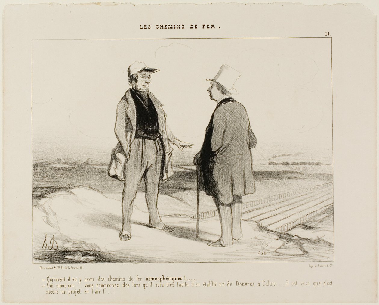 „- Was meinen Sie, es wird bald Luftzüge geben? - Aber natürlich, Monsieur... sehen Sie, es wird dann sehr einfach sein, eine Verbindung zwischen Dover und Calais herzustellen... aber natürlich ist das Projekt noch in der Luft schwebend,“ Platte 14 aus The von Honoré Victorin Daumier