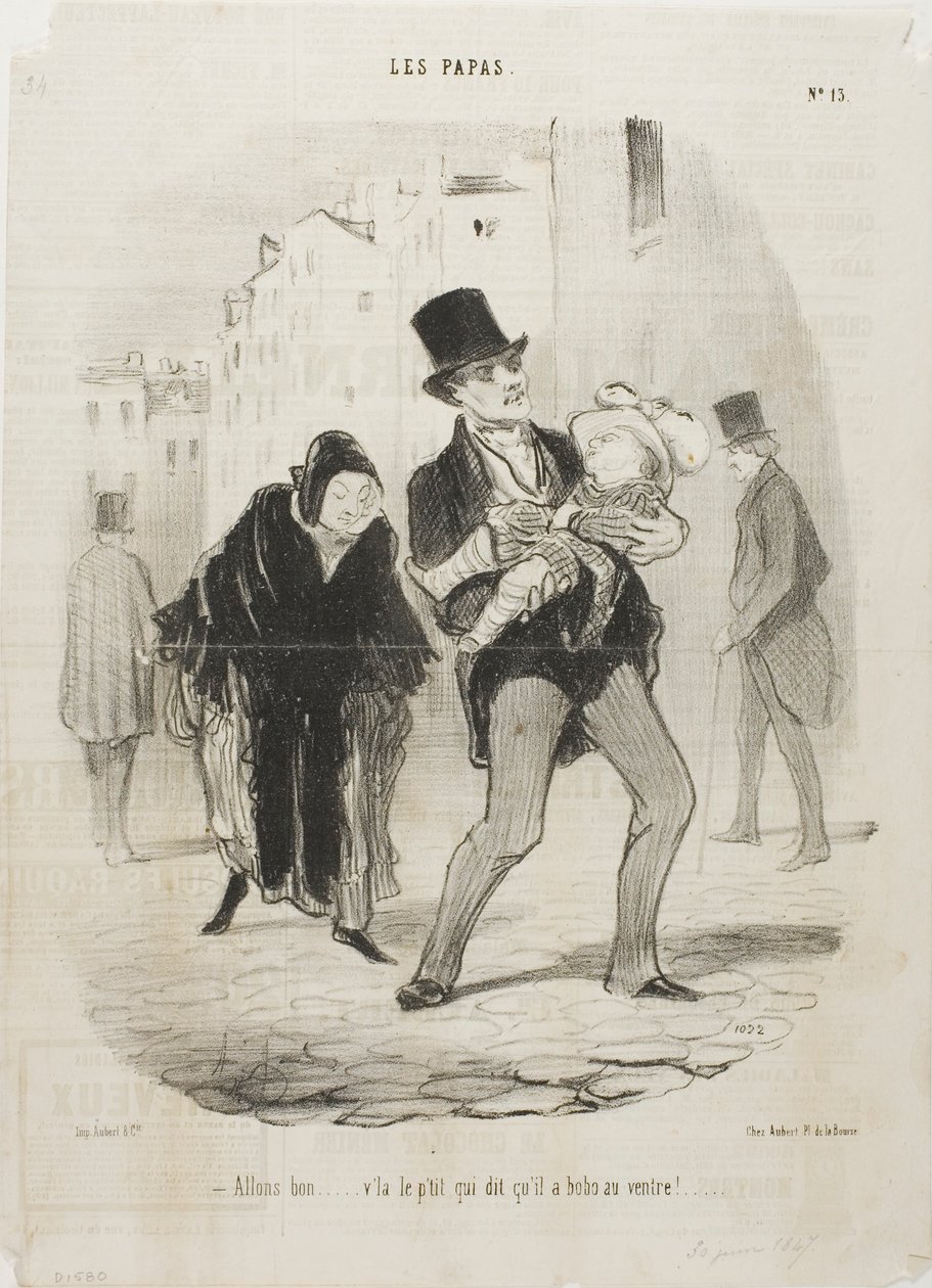 „- Ja, in Ordnung, aber der arme Junge hat Bauchschmerzen,“ Tafel 13 aus Les Papas von Honoré Victorin Daumier