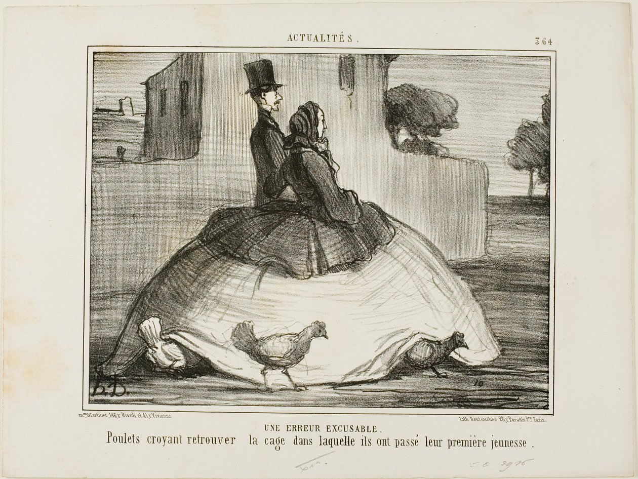Ein entschuldbarer Fehler. Hühner denken, sie hätten den Käfig gefunden, in dem sie ihre frühe Kindheit verbracht haben, Tafel 21 aus La Crinolomanie von Honoré Victorin Daumier