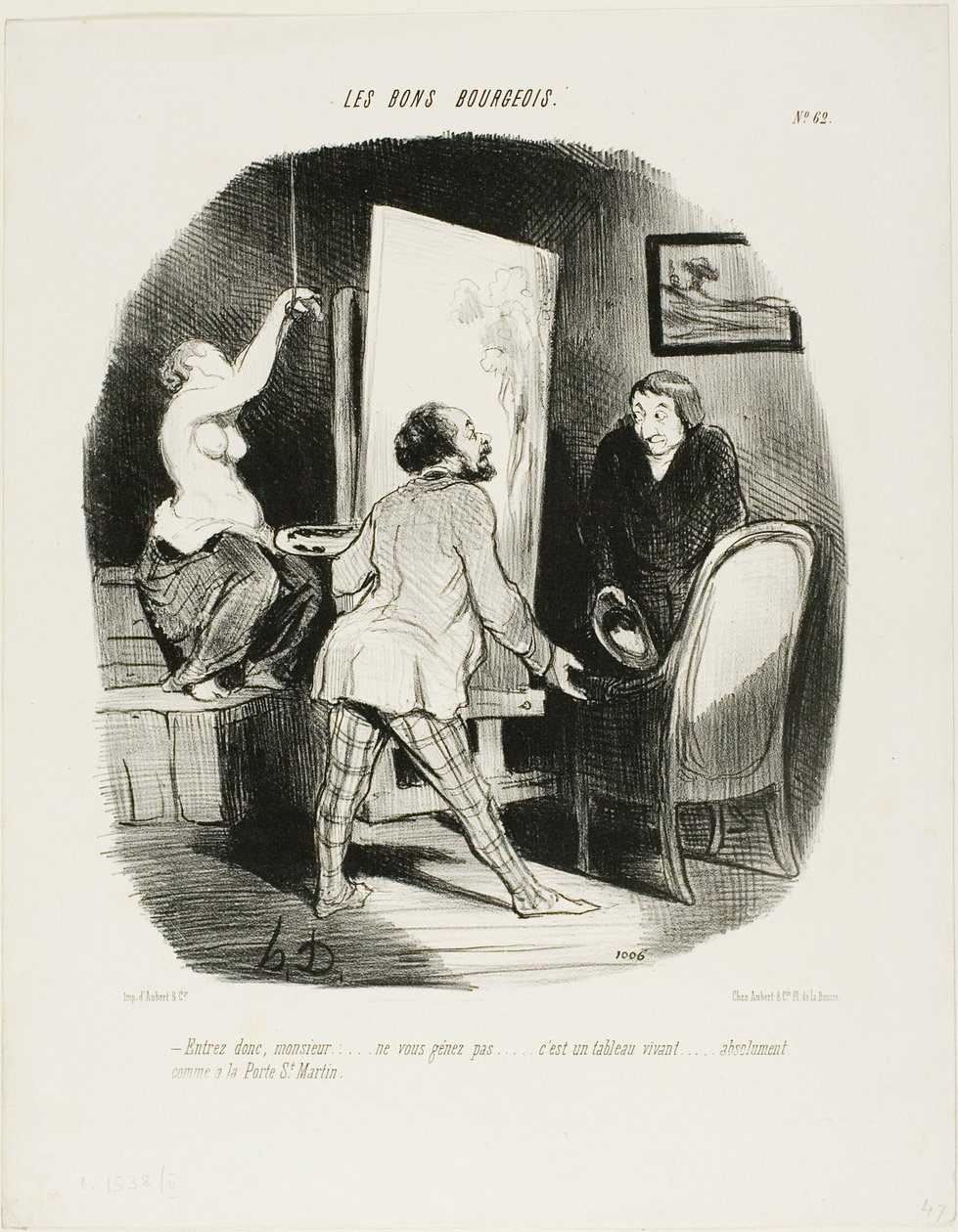„Kommen Sie herein, Monsieur, seien Sie nicht schüchtern. Es ist ein lebendiges Bild... genau wie (man es sehen würde) an der Porte St. Martin,“ Tafel 62 aus Les Bons Bourgeois von Honoré Victorin Daumier