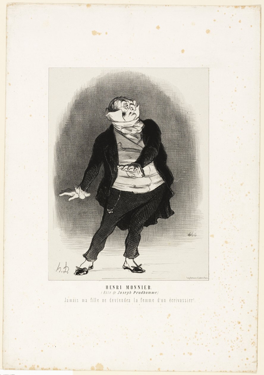 Henri Monnier. (in der Rolle von Joseph Prudhomme) „- Niemals werde ich zulassen, dass meine Tochter die Frau eines Schmierfinken wird!“, Tafel 1 aus Les Artistes Contemporains (Odéon) von Honoré Victorin Daumier