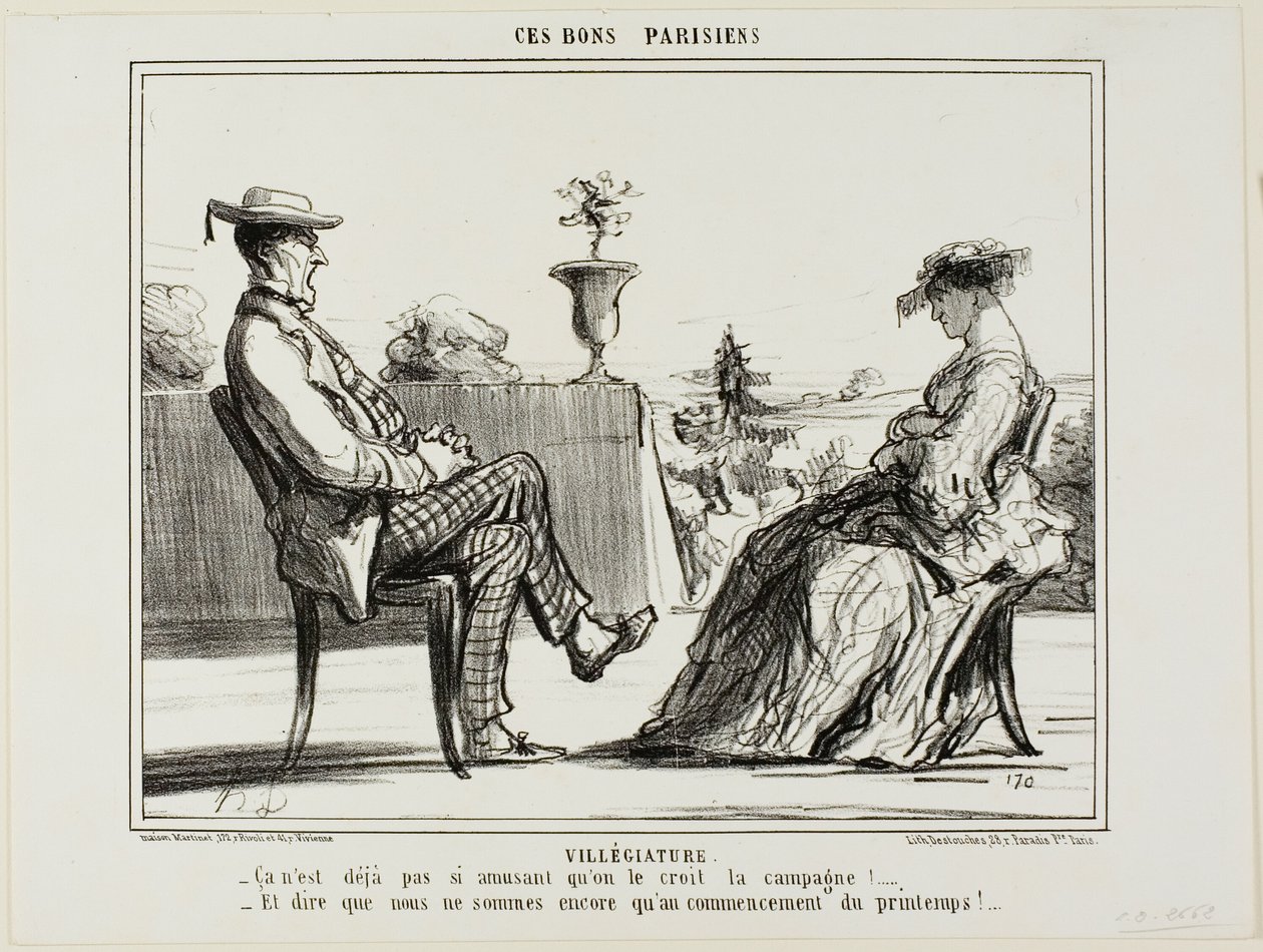 Urlaub auf dem Land. „- Das Leben auf dem Land ist wirklich nicht so unterhaltsam, wie alle sagen. - Und zu denken, dass der Frühling gerade erst begonnen hat,“ Platte 14 aus Ces Bons Parisiens von Honoré Victorin Daumier