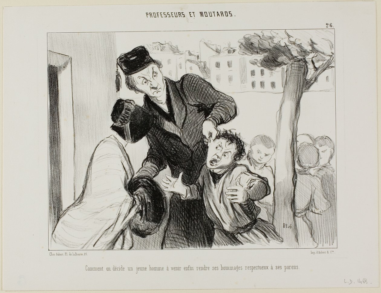 Wie man einen jungen Mann überzeugt, endlich seinen Eltern Respekt zu erweisen, Platte 26 aus Professeurs et Moutards (Professoren und Schlingel) von Honoré Victorin Daumier