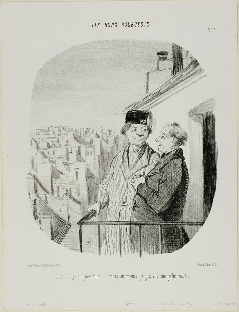 „Ich wohne etwas hoch... aber zumindest genieße ich eine schöne Aussicht“, Platte 8 aus Les Bons Bourgeois von Honoré Victorin Daumier