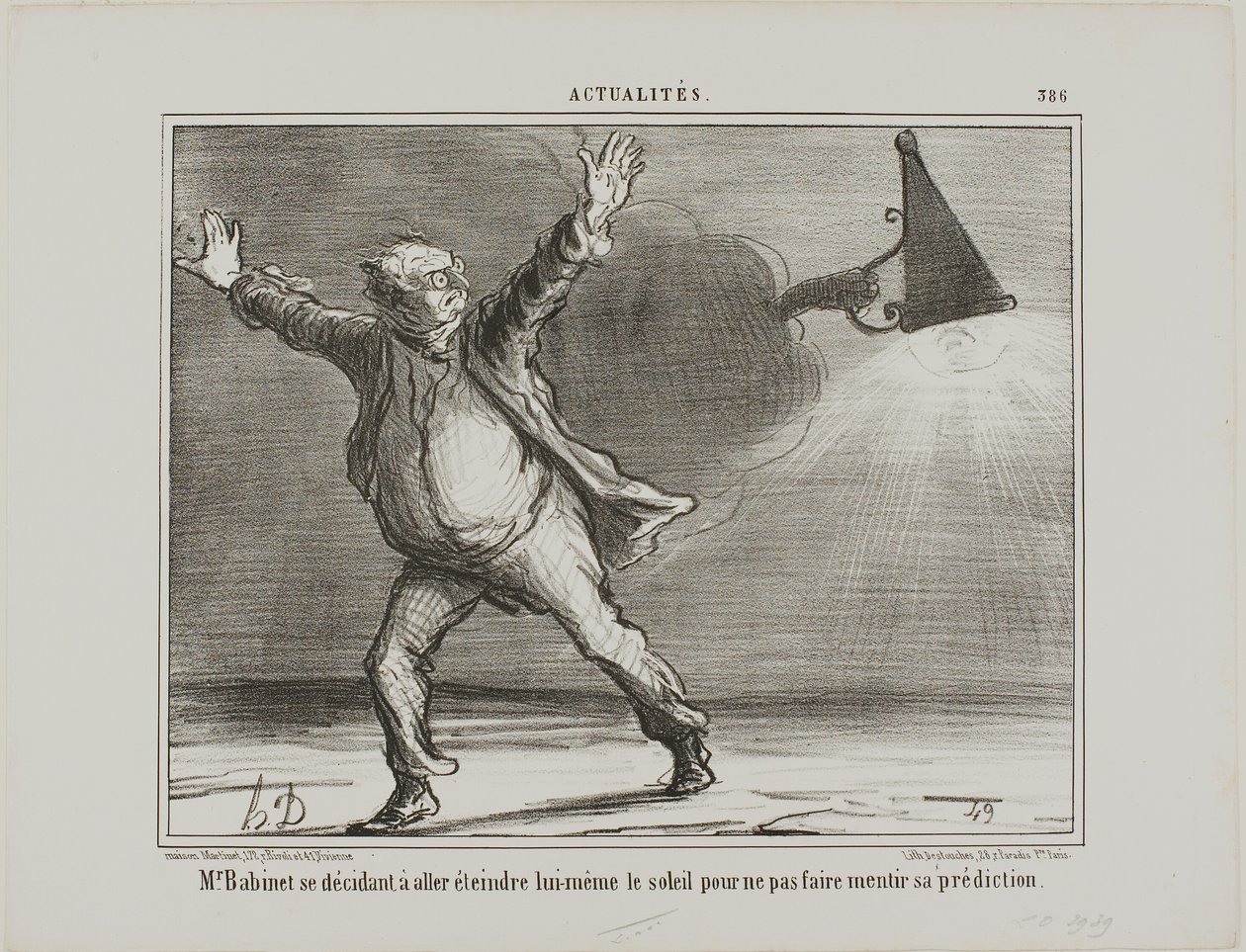 Monsieur Babinet beschließt, persönlich die Sonne auszuschalten, damit seine Vorhersagen erfüllt werden, Platte 386 aus Actualités von Honoré Victorin Daumier