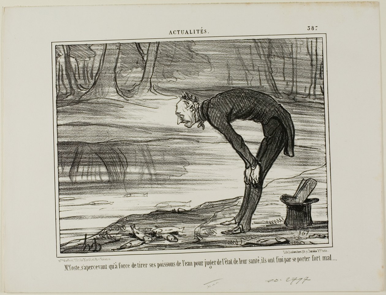 Herr Coste bemerkt, dass die Fische, die er aus dem Wasser genommen hat, um ihren Gesundheitszustand zu analysieren, sich überhaupt nicht wohl fühlen, Platte 387 aus Actualités von Honoré Victorin Daumier