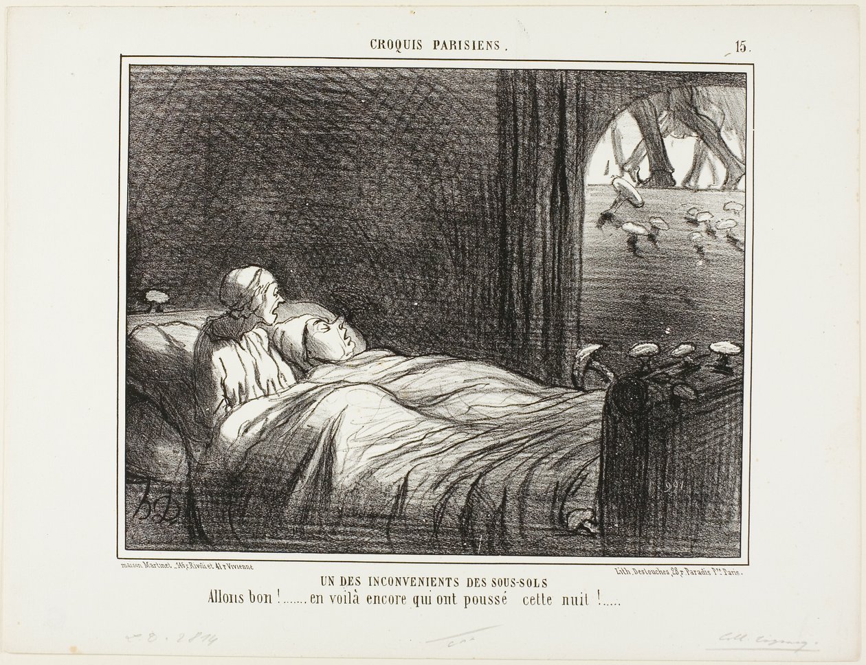 Einer der Nachteile des Lebens im Keller. „Schau, hier sind noch mehr, die letzte Nacht gewachsen sind...“, Platte 15 aus Croquis Parisiens von Honoré Victorin Daumier