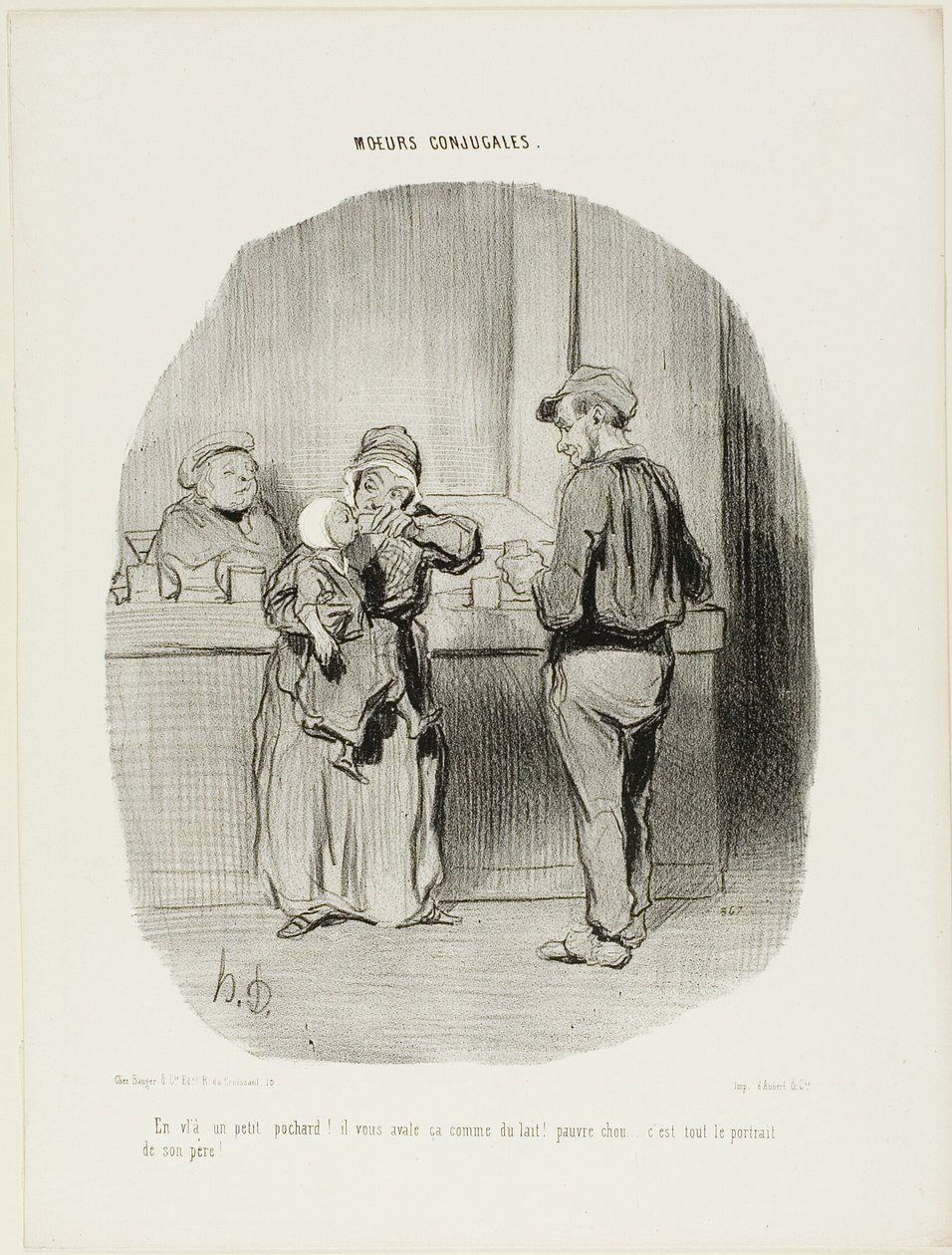 „Regelrechter kleiner Trinker, er ist!... er schluckt es wie Milch! Armer kleiner Liebling... er ist genau wie sein Vater!“, Platte 42 aus Moeurs Conjugales von Honoré Victorin Daumier