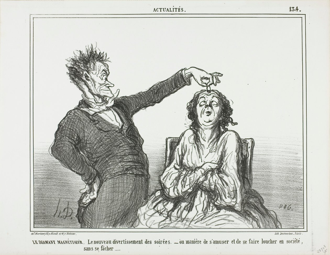 Der Diamant-Hypnotiseur. Ein neues Vergnügen bei Abendgesellschaften - oder wie man Spaß haben und jemanden zum Schielen bringen kann, ohne in Schwierigkeiten zu geraten, Platte 134 aus Actualités von Honoré Victorin Daumier