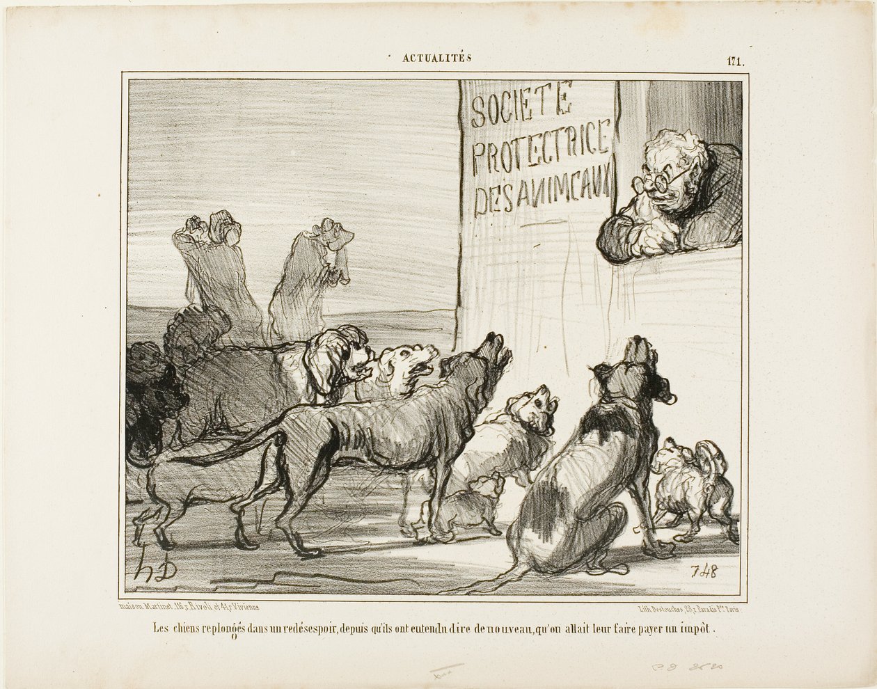 Die Hunde fallen wieder in Verzweiflung, nachdem sie gehört haben, dass es doch eine neue Hundesteuer geben wird, Platte 171 aus Actualités von Honoré Victorin Daumier