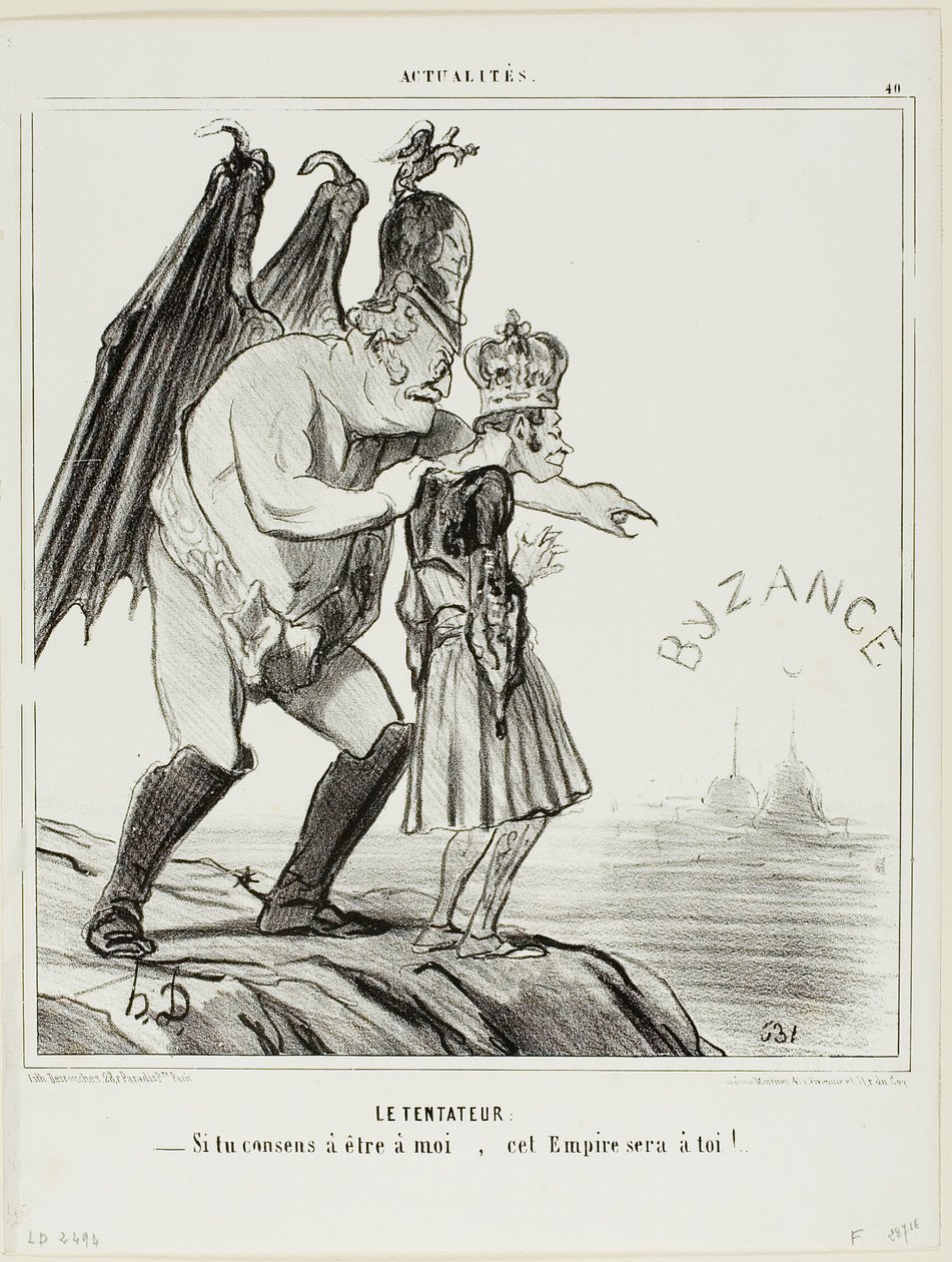 Der Versucher. „- Wenn du einwilligst, mir zu gehören... wird dieses Reich dein sein,“ Platte 40 aus Actualités von Honoré Victorin Daumier