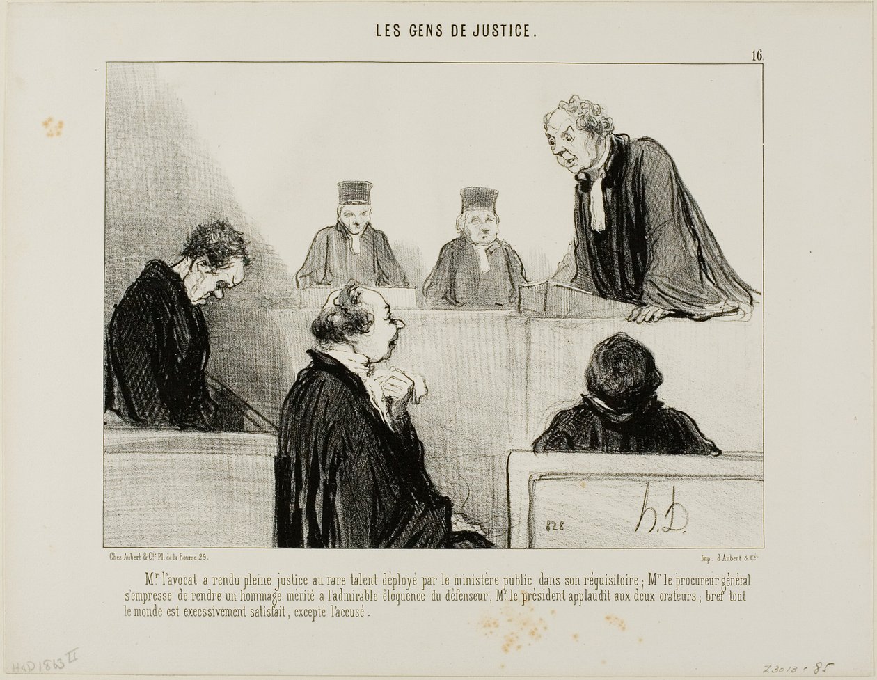 Die Verteidigung lobt das Talent der Anklage, während der Generalstaatsanwalt die Eloquenz der Verteidigung bewundert. Der Richter applaudiert beiden und alle sind zufrieden, außer dem Angeklagten, Platte 16 aus Les Gens De Justice von Honoré Victorin Daumier