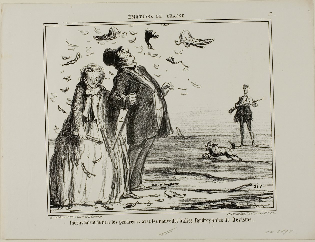 Der Nachteil, auf junge Rebhühner mit den neuen Explosivgeschossen von Devisme zu schießen, Tafel 17 aus Émotions De Chasse von Honoré Victorin Daumier