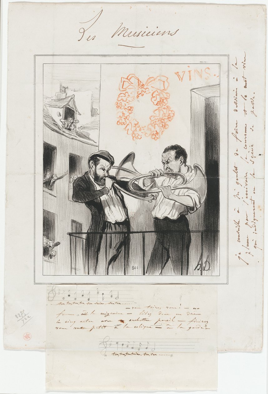 Ton, ton, ton, ton, ton, t..... „- Sei leise, meine Frau hat Kopfschmerzen! - Warum liest du nicht ein Drama in fünf Akten mit einem ähnlichen Orchester! - Hör auf... mein Kleiner bekommt Koliken!“ Ton, ton, ton, ton, taine..., Platte 2 aus Les Musiciens D von Honoré Victorin Daumier