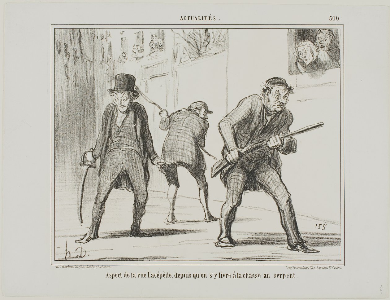 Ansicht der Rue Lacépède während der Jagd auf eine Schlange, Platte 500 aus Actualités von Honoré Victorin Daumier