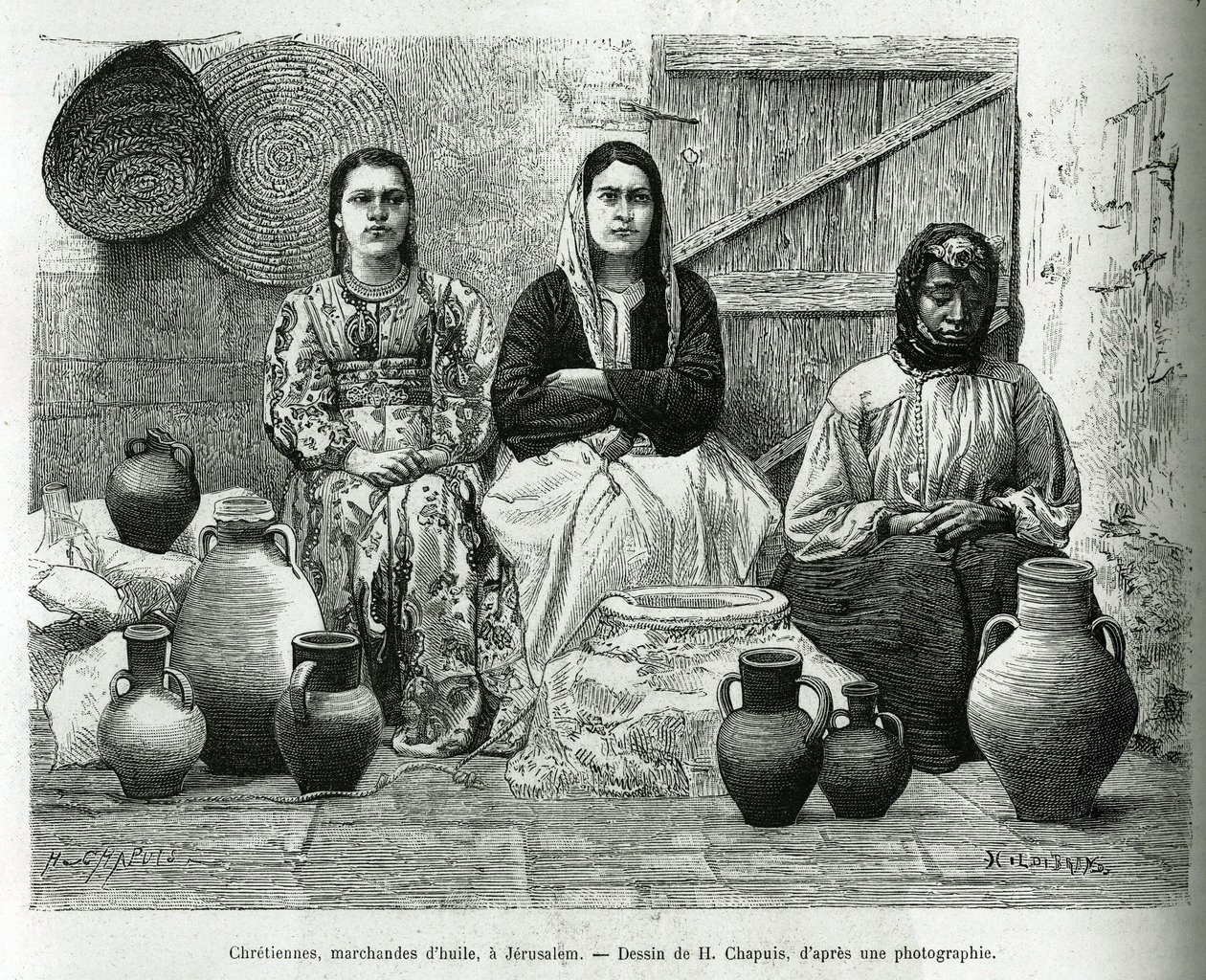 Christen, Ölhändler in Jerusalem. Gravur von H. Chapuis, zur Illustration von „La Syria d