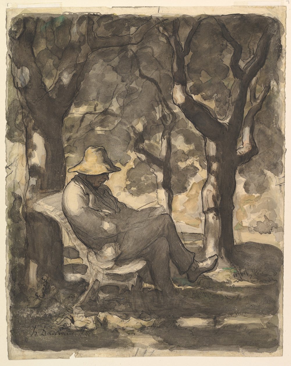 Ein Mann liest in einem Garten von Honoré Daumier