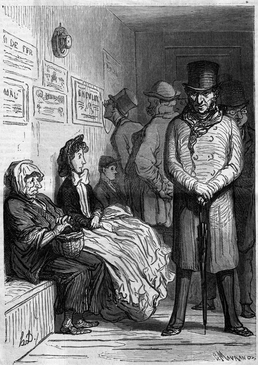 Ein Omnibus-Warteschalter. Karikatur von Honore Daumier. Gravur in „Le Monde Illustré“ Nr. 257 vom 15. März 1862 von Honoré Daumier