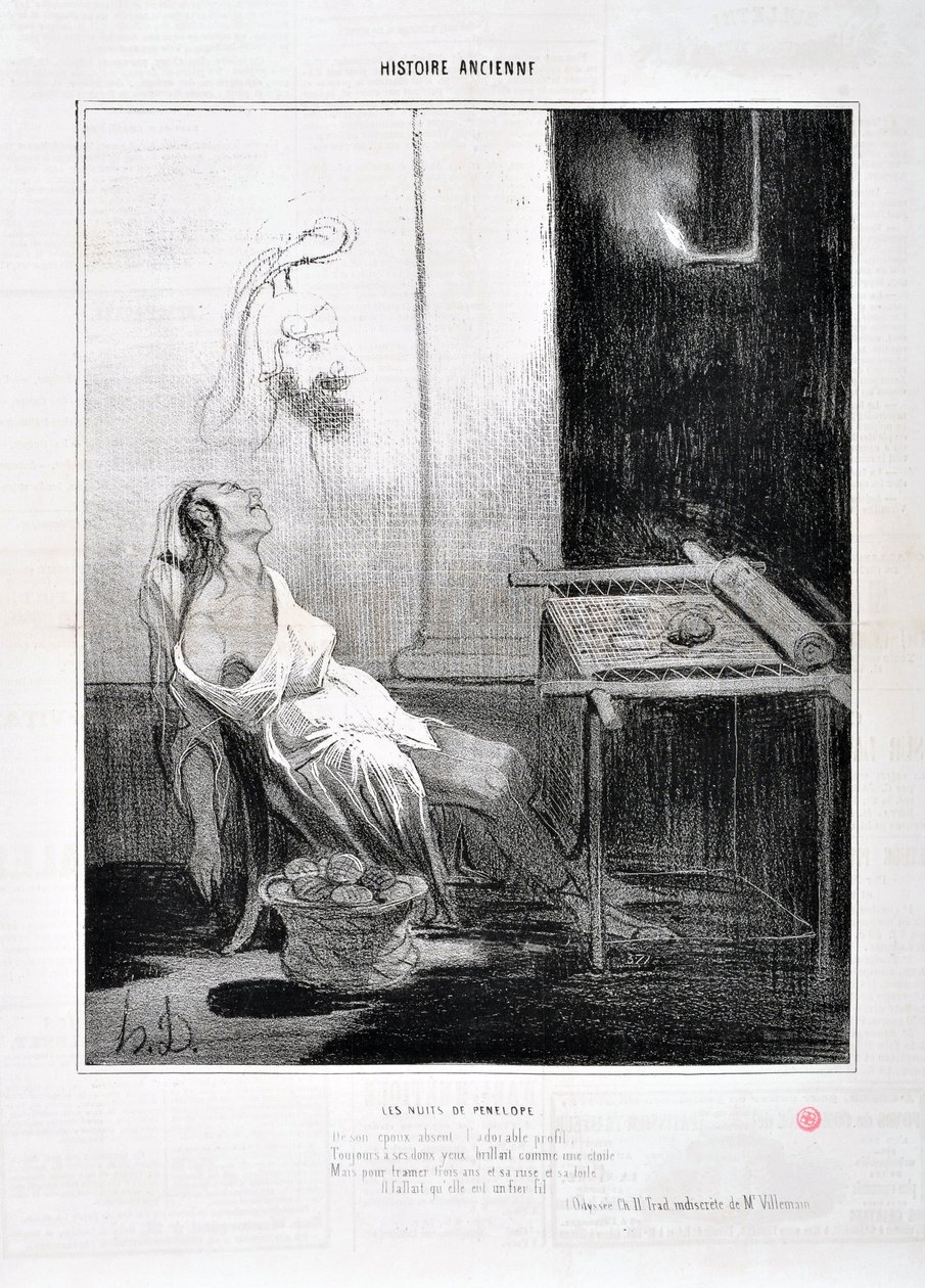 Werk von Honore Daumier (1808-1879) Charivari stammt aus dem Jahr 1842: Serie HISTORIE ANCIE Les Nuits de Penelope - Von ihrem abwesenden Ehemann das liebenswerte Profil, Für immer in ihren sanften Augen leuchtete wie ein Stern Aber um drei Jahre zu weben  von Honoré Daumier