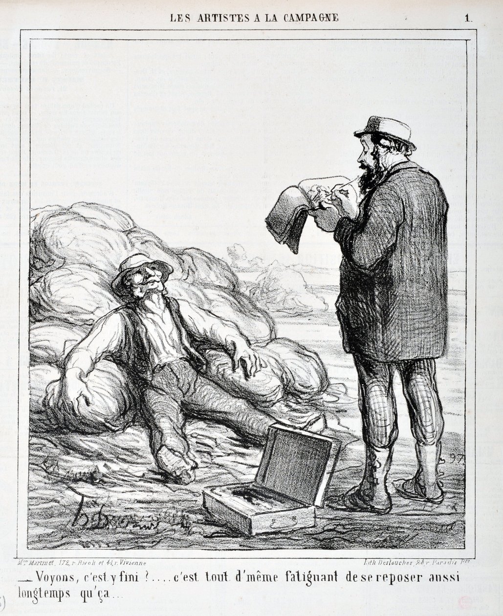 Werk von Honoré Daumier. Charivari stammt aus dem Jahr 1865: Serie LES ARTISTS IN THE CAMPAGNE - „Lass uns sehen, ist es vorbei?... Es ist immer noch anstrengend, so lange zu ruhen...“ MUSEUM DER SCHÖNEN KÜNSTE - PALAST LONGCHAMP, MARSEILLE von Honoré Daumier