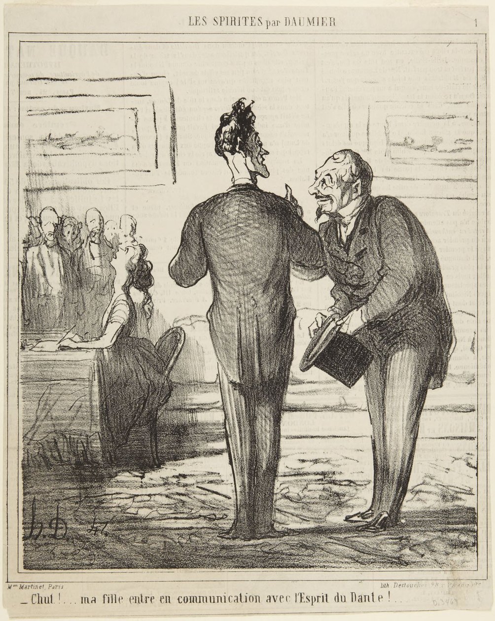 Chut...! meine Tochter tritt in Kommunikation mit dem Geist von Dante!, Nummer 1 aus der Serie Les Spirites aus Le Charivari von Honoré Daumier