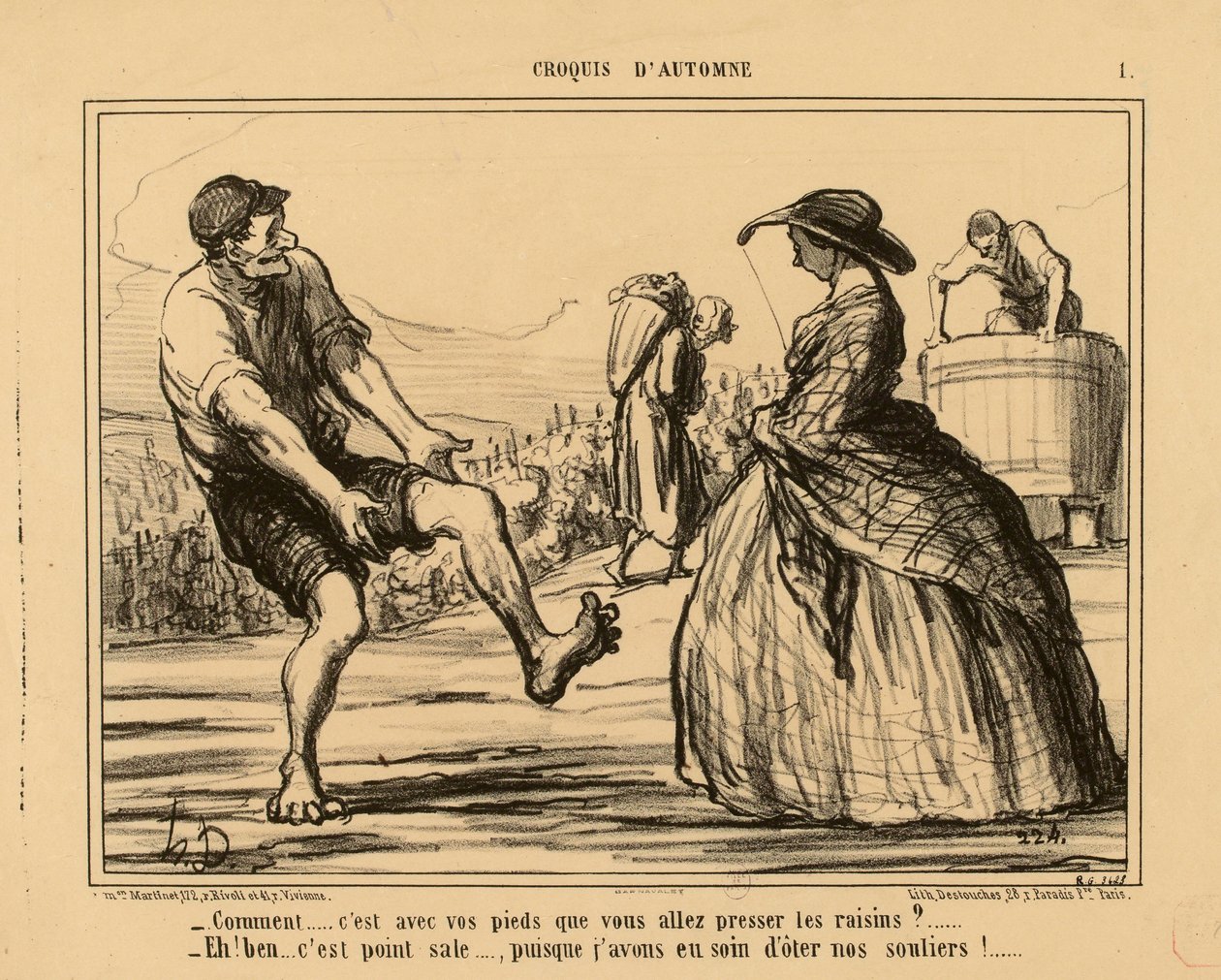 Herbstskizzen Nr. 1: - Wie bitte... Sie wollen die Trauben mit Ihren Füßen pressen?... von Honoré Daumier