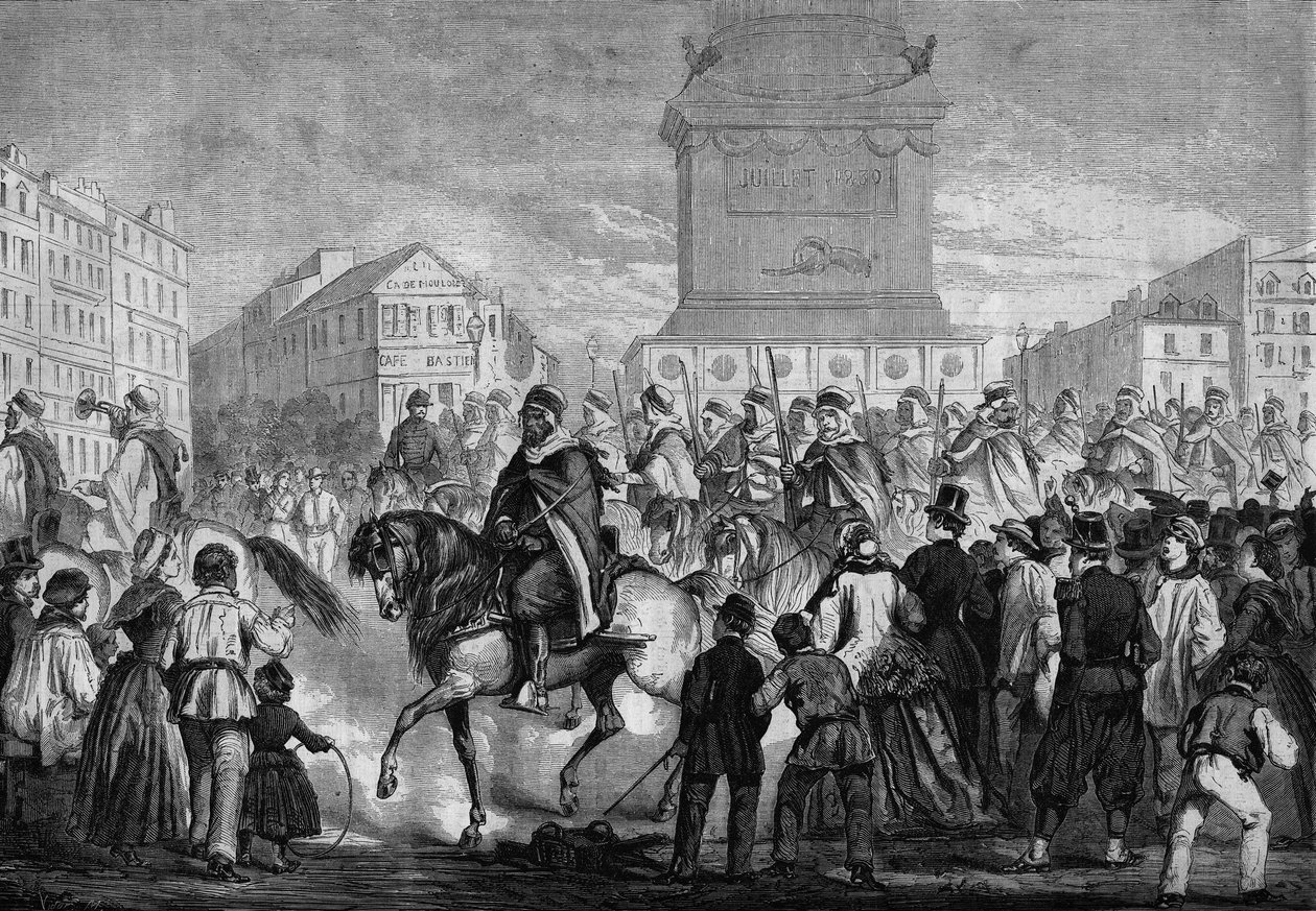 Parade der Spahis der algerischen Kolonialarmee in den Straßen von Paris (Durchfahrt über den Place de la Bastille) von Honoré Daumier
