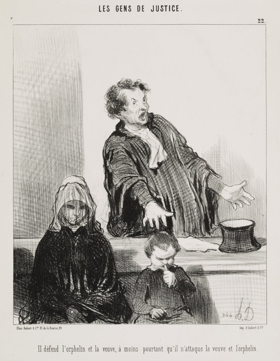 Er verteidigt die Waise und die Witwe, es sei denn, er greift die Witwe und die Waise an, Tafel 22 aus der Serie Les Gens de Justice (Die Anwälte) aus dem Journal Le Charivari von Honoré Daumier
