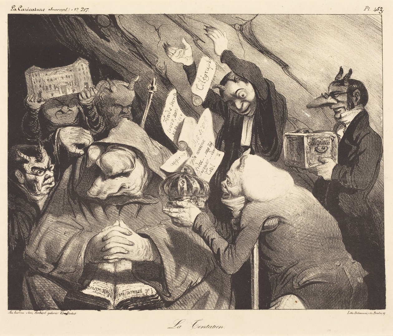 Die Versuchung, Parodie eines Gemäldes von Téniers von Honoré Daumier